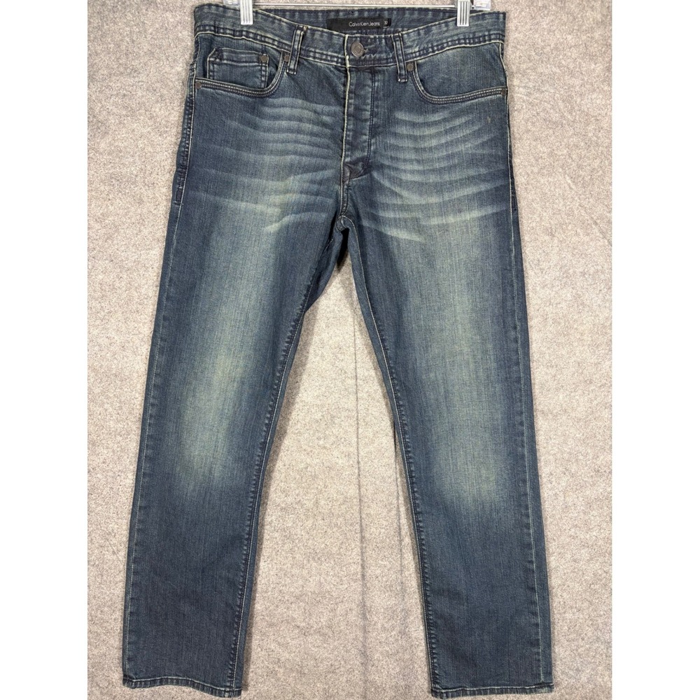 Calvin Klein Jeans Mens 32 Slim Straight Low Rise Blue Denim Button Fly Jeans